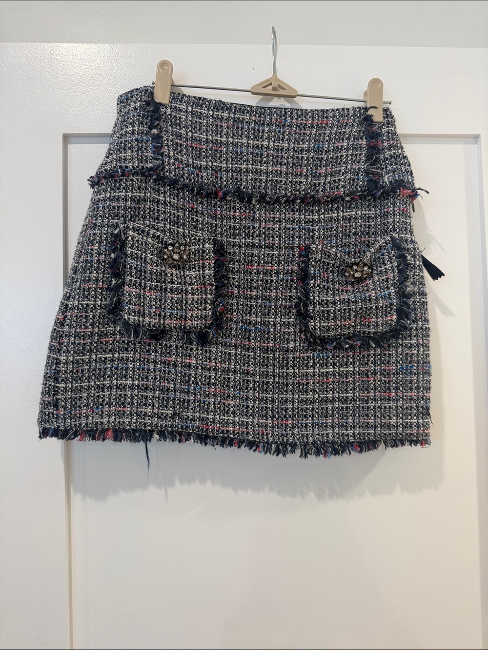 Zara Navy Multicolor Tweed Mini Skirt with Pocket Details